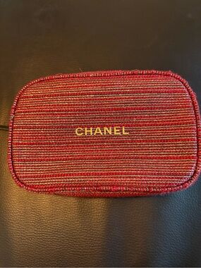 CHANEL Red Woven Zip Pouch with Gold Logo